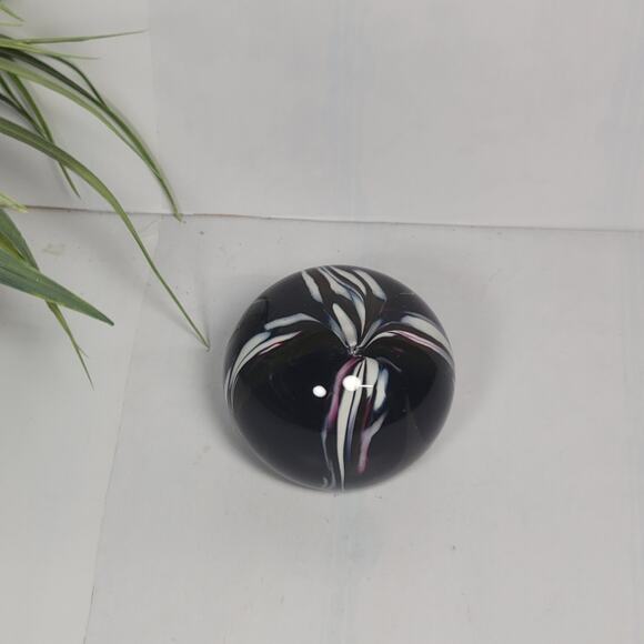 Retro Round Art Glass Paperweight, Purple & White Swirls, Iris-Like Design - Picture 1 of 4